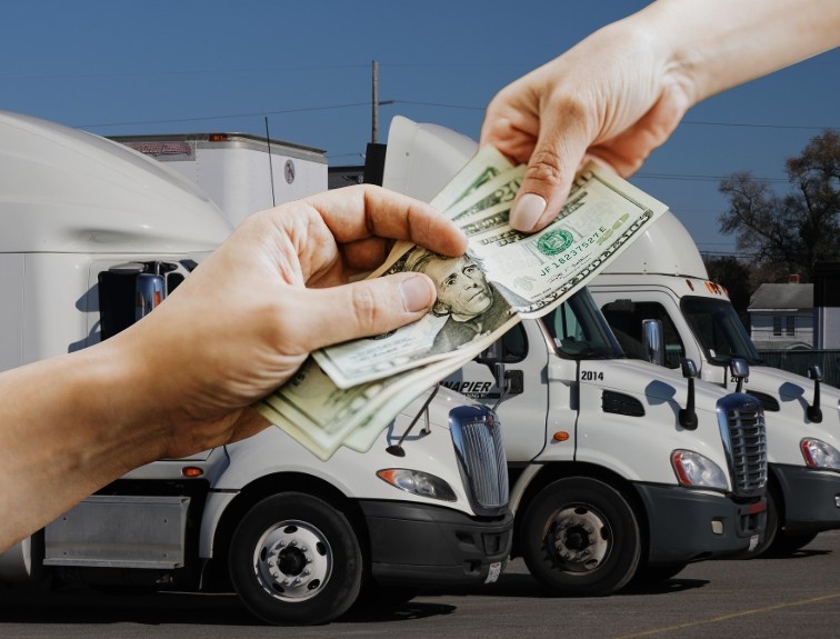 Two hands exchanging cash in front of a fleet of semi-truck